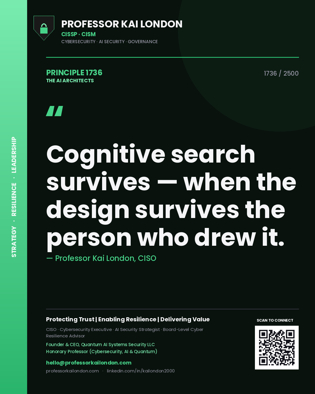 Professor Kai London principle 1736: Cognitive search survives — when the design survives the person who drew it.