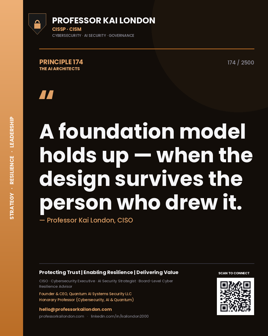 Professor Kai London principle 174: A foundation model holds up — when the design survives the person who drew it.
