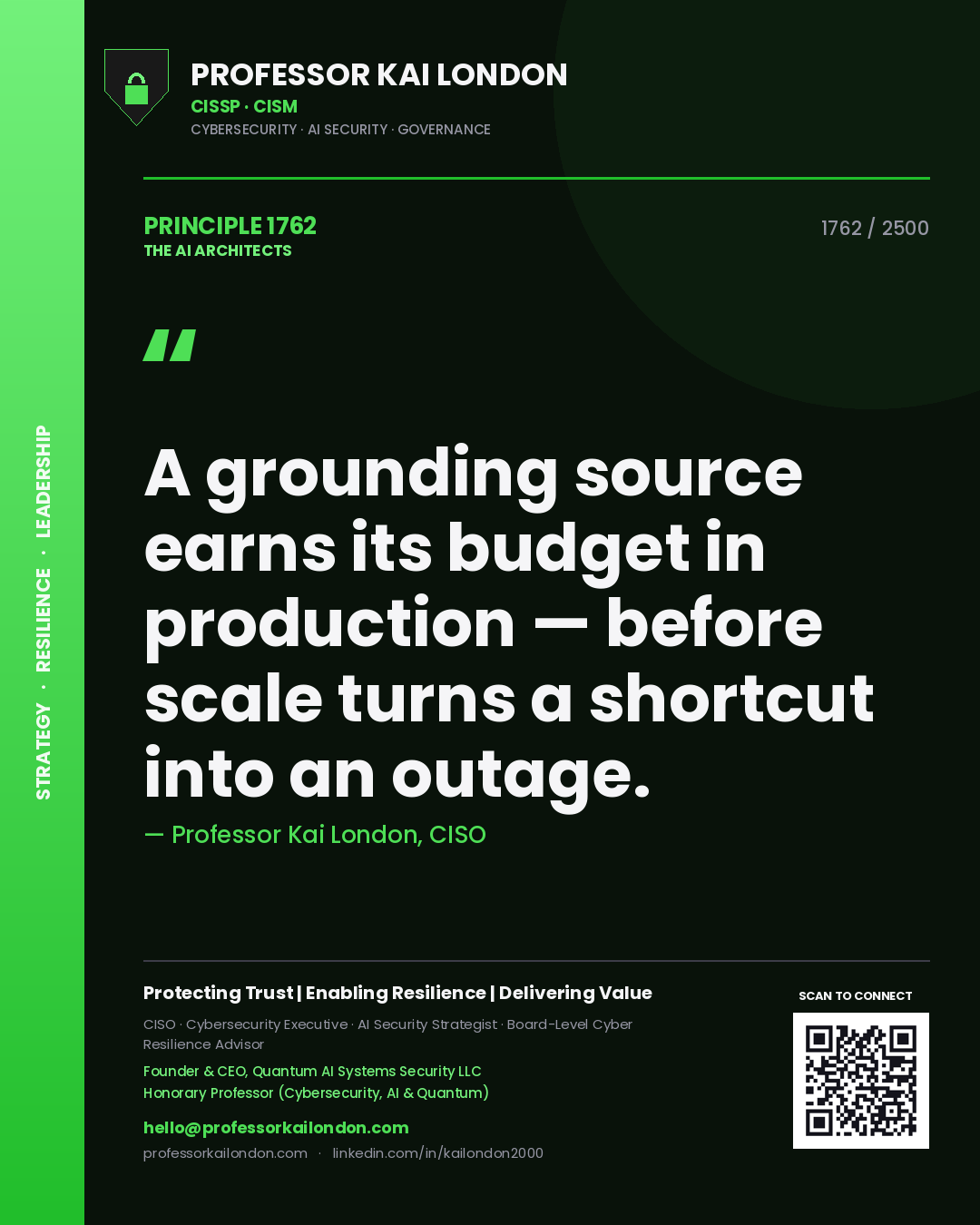 Professor Kai London principle 1762: A grounding source earns its budget in production — before scale turns a shortcut into an outage.