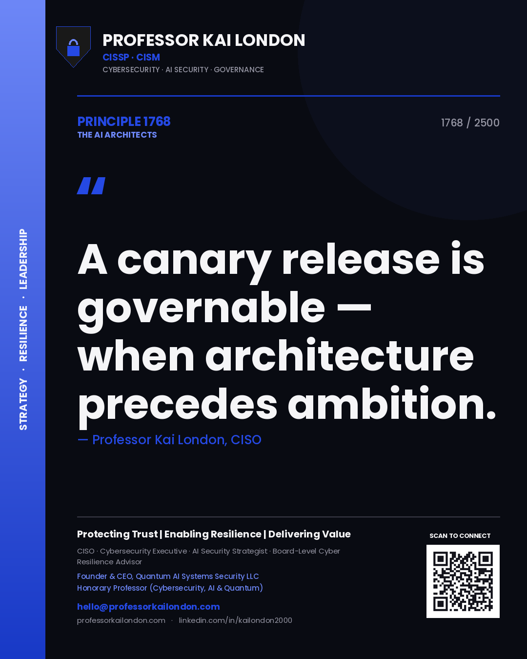 Professor Kai London principle 1768: A canary release is governable — when architecture precedes ambition.