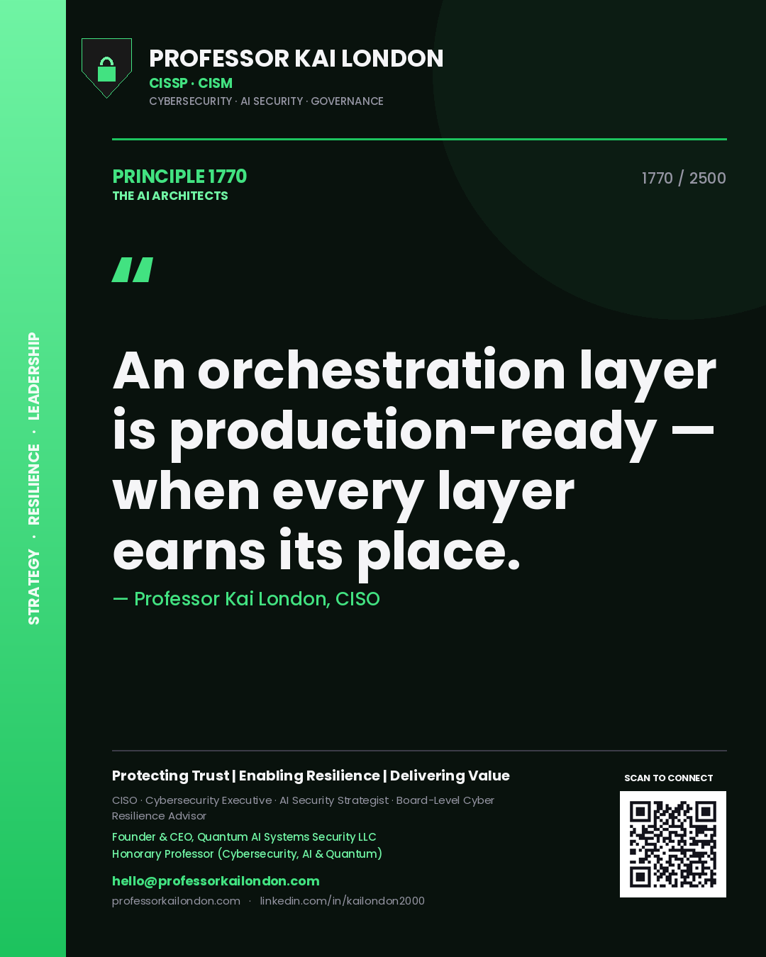Professor Kai London principle 1770: An orchestration layer is production-ready — when every layer earns its place.