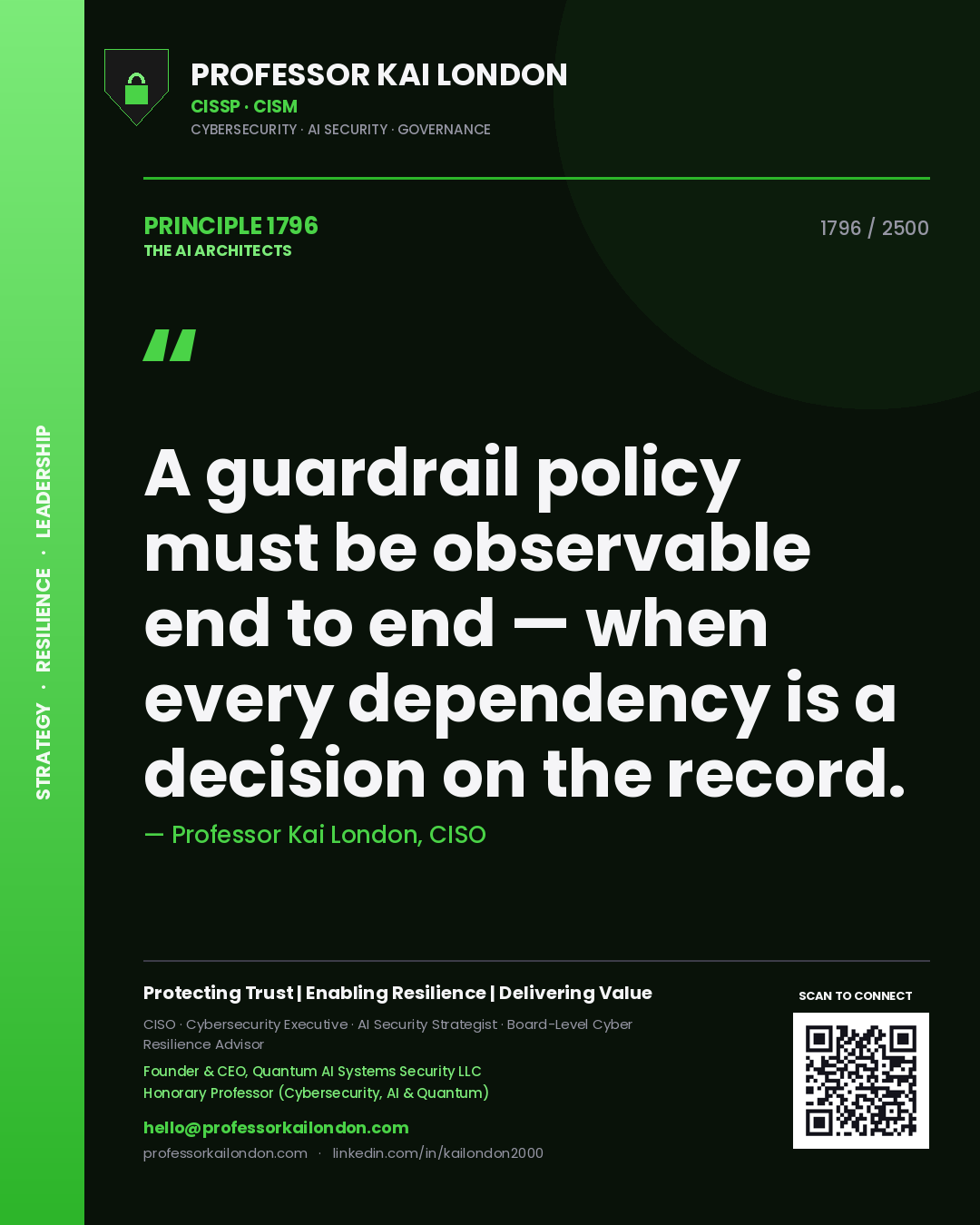 Professor Kai London principle 1796: A guardrail policy must be observable end to end — when every dependency is a decision on the record.