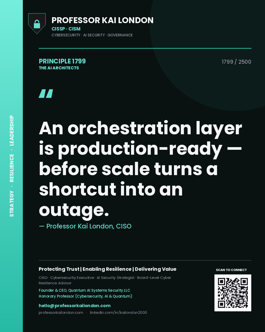 Professor Kai London principle 1799: An orchestration layer is production-ready — before scale turns a shortcut into an outage.