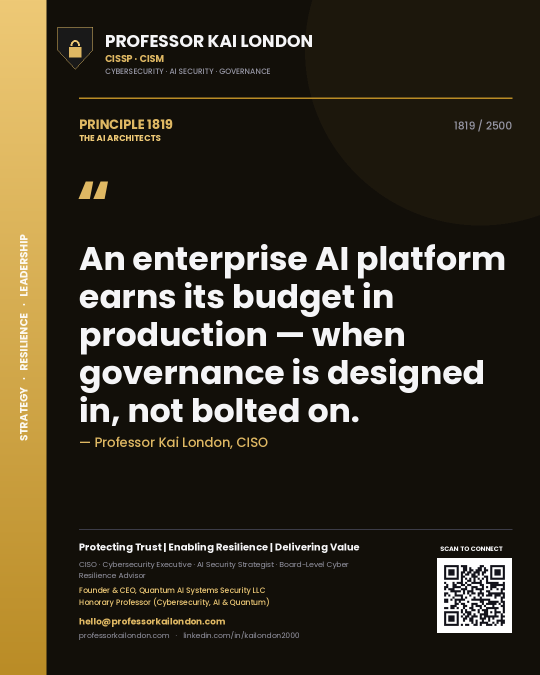 Professor Kai London principle 1819: An enterprise AI platform earns its budget in production — when governance is designed in, not bolted on.