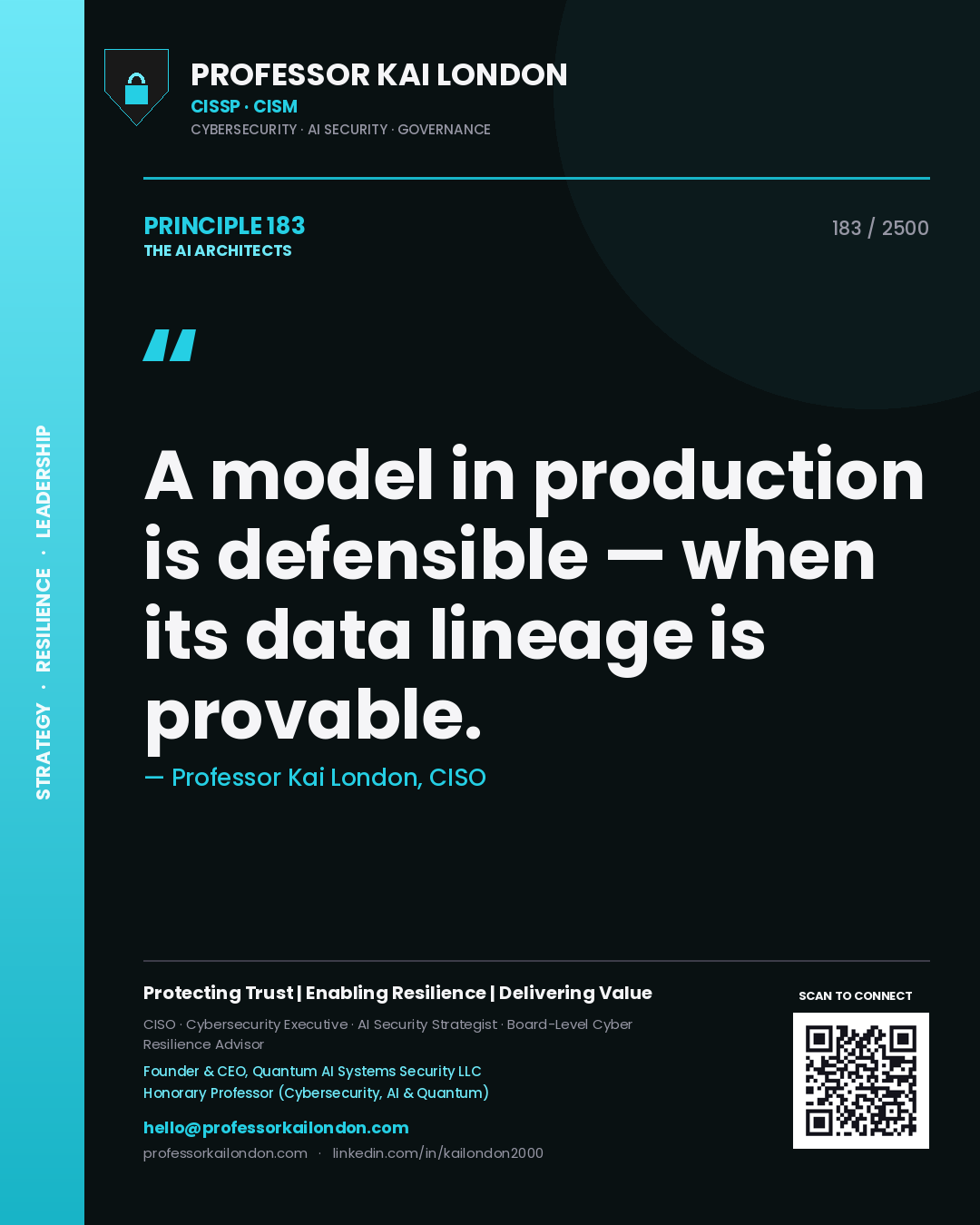 Professor Kai London principle 183: A model in production is defensible — when its data lineage is provable.