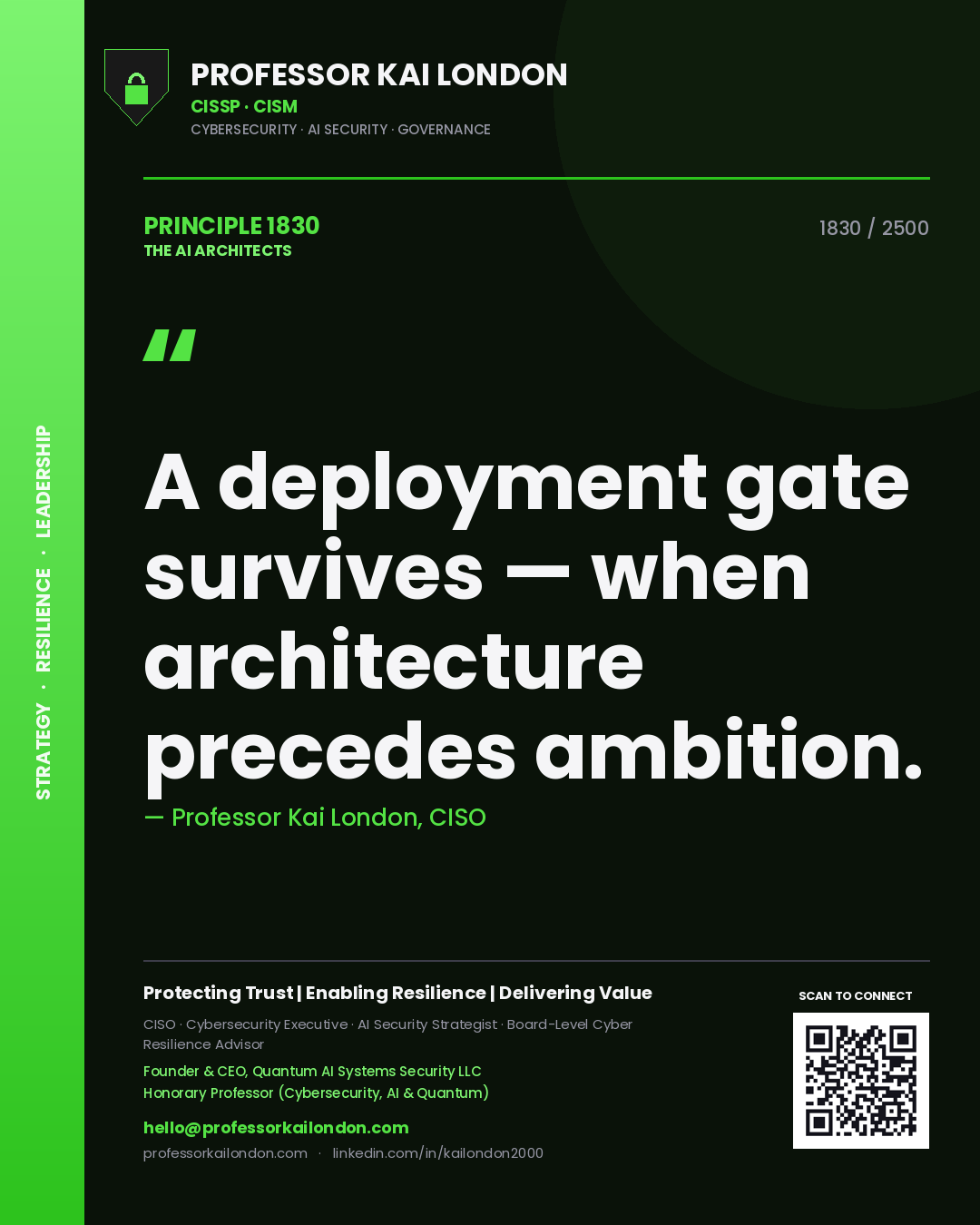 Professor Kai London principle 1830: A deployment gate survives — when architecture precedes ambition.