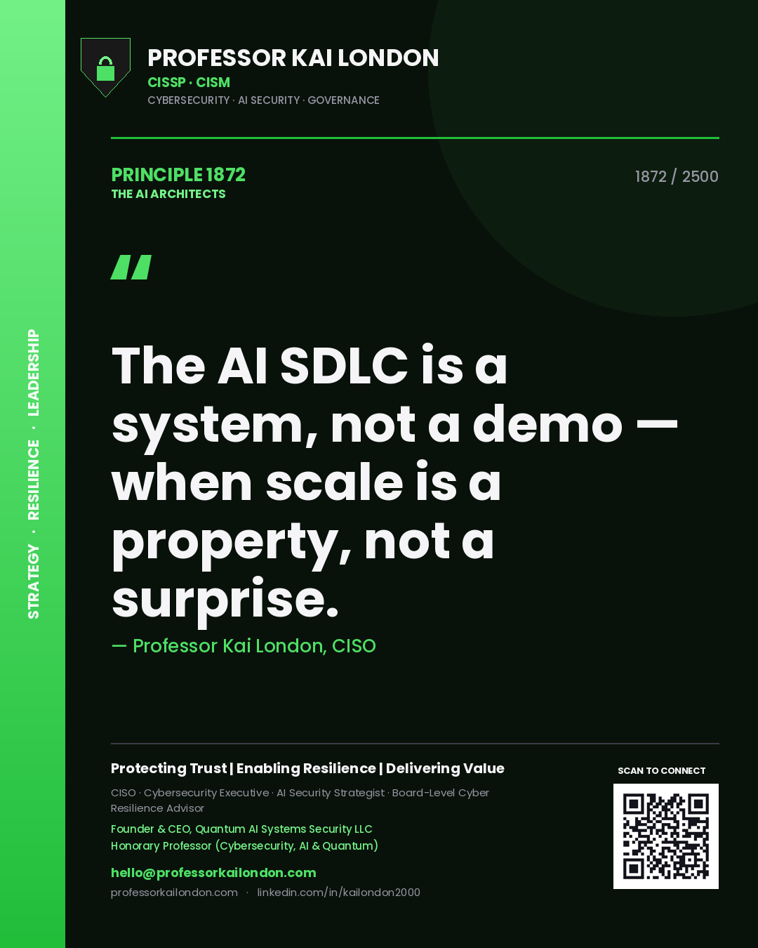 Professor Kai London principle 1872: The AI SDLC is a system, not a demo — when scale is a property, not a surprise.