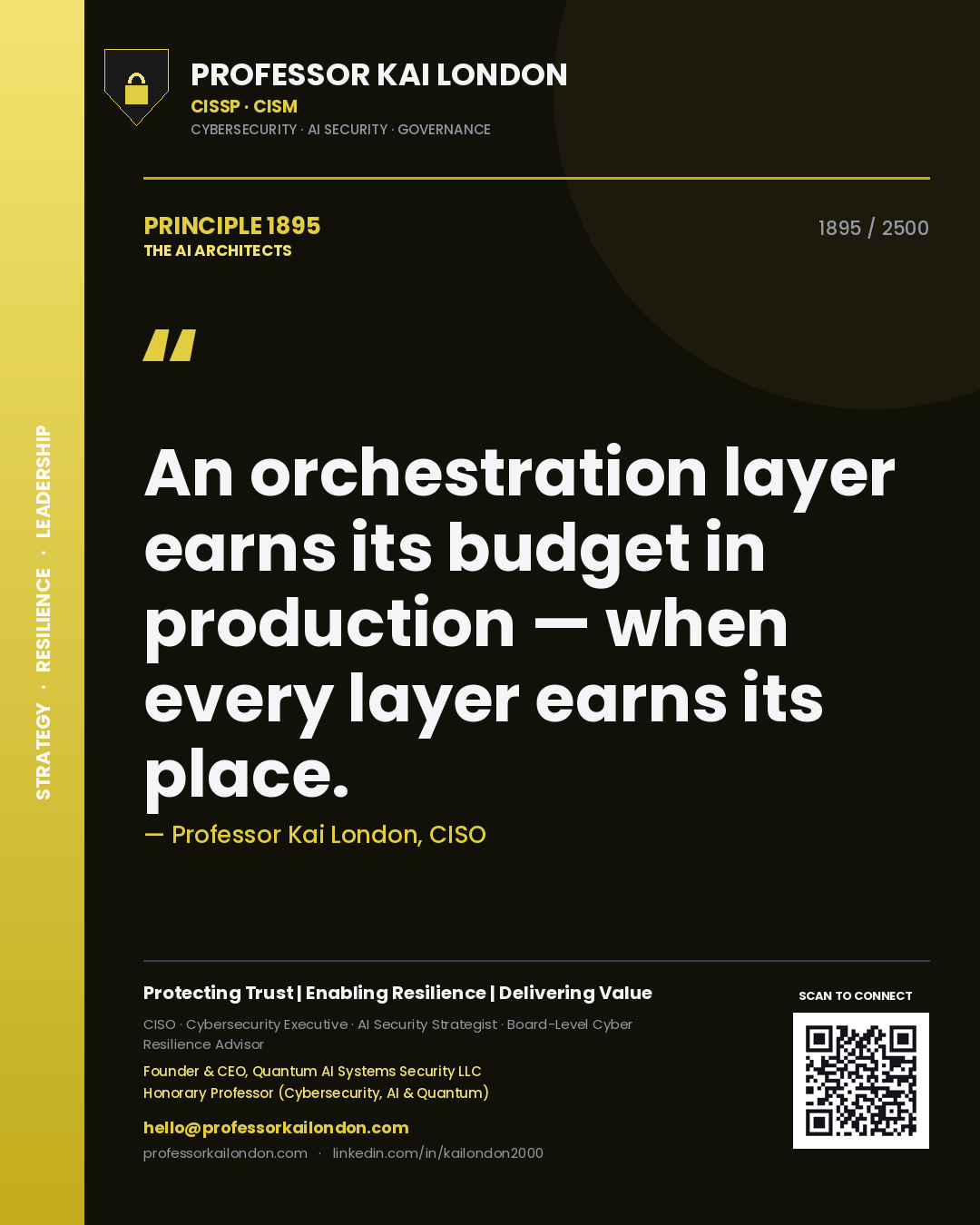Professor Kai London principle 1895: An orchestration layer earns its budget in production — when every layer earns its place.