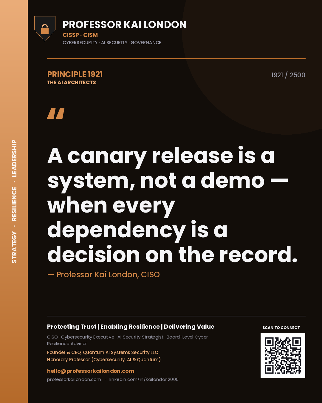 Professor Kai London principle 1921: A canary release is a system, not a demo — when every dependency is a decision on the record.