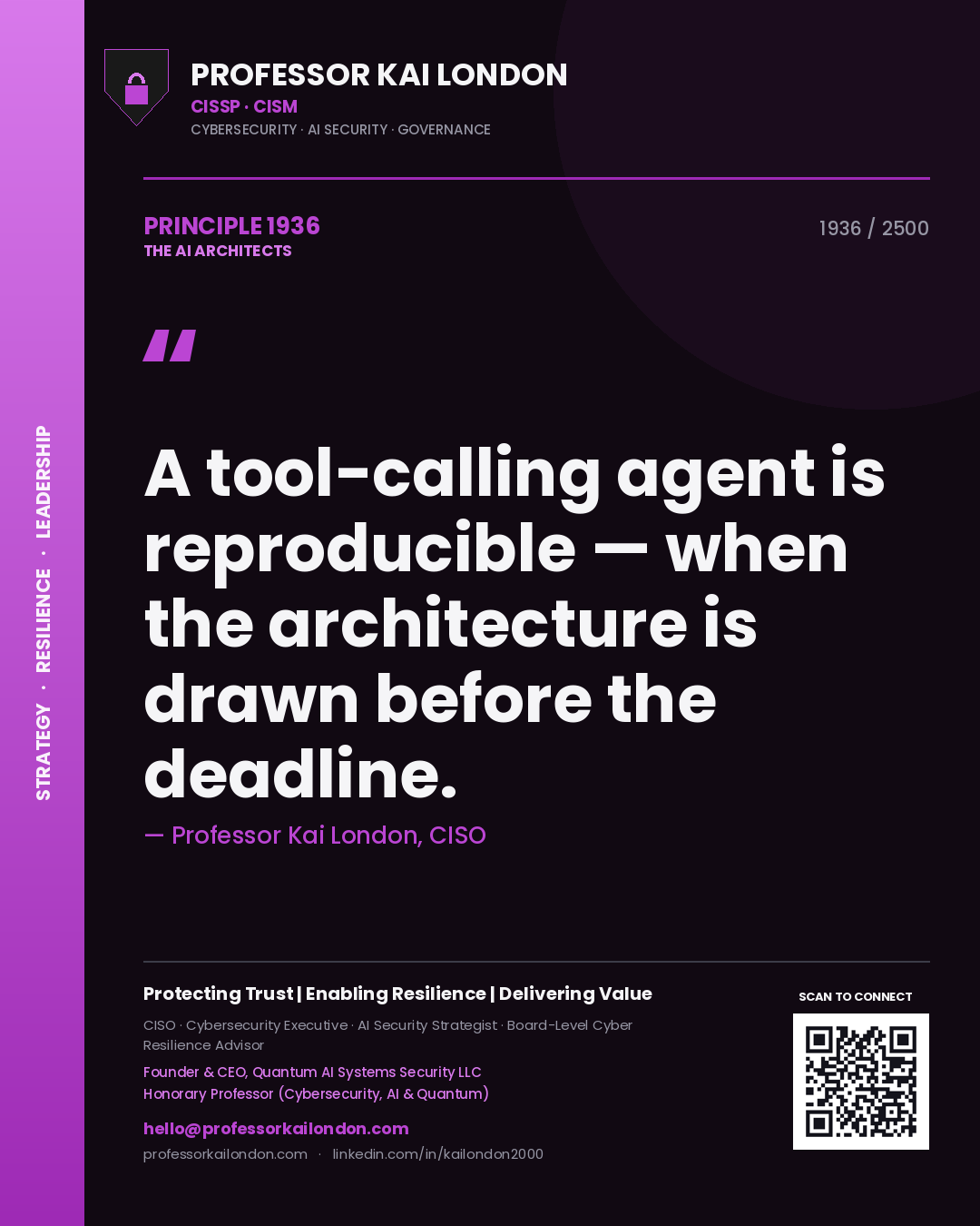 Professor Kai London principle 1936: A tool-calling agent is reproducible — when the architecture is drawn before the deadline.