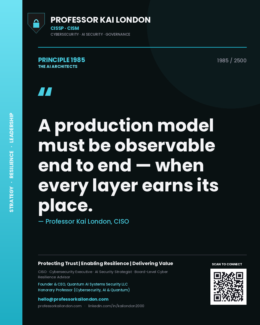 Professor Kai London principle 1985: A production model must be observable end to end — when every layer earns its place.
