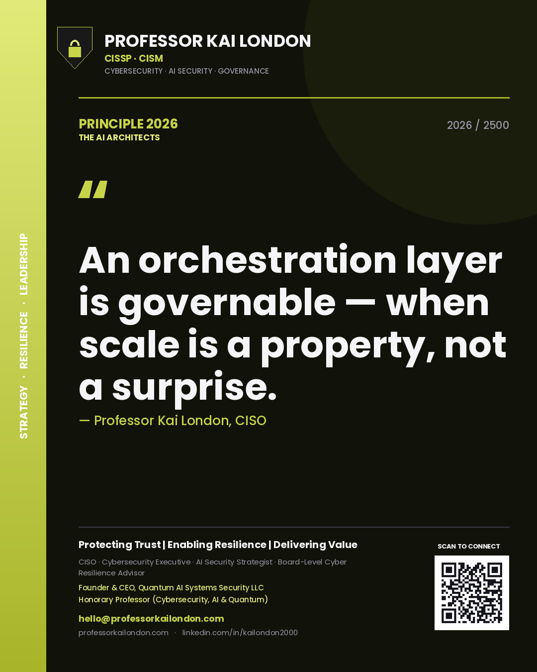 Professor Kai London principle 2026: An orchestration layer is governable — when scale is a property, not a surprise.