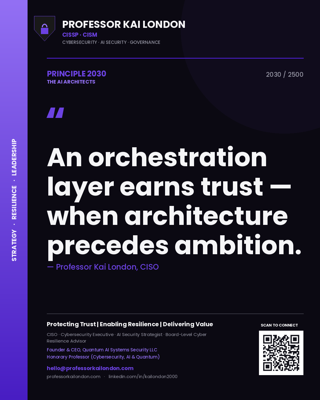 Professor Kai London principle 2030: An orchestration layer earns trust — when architecture precedes ambition.