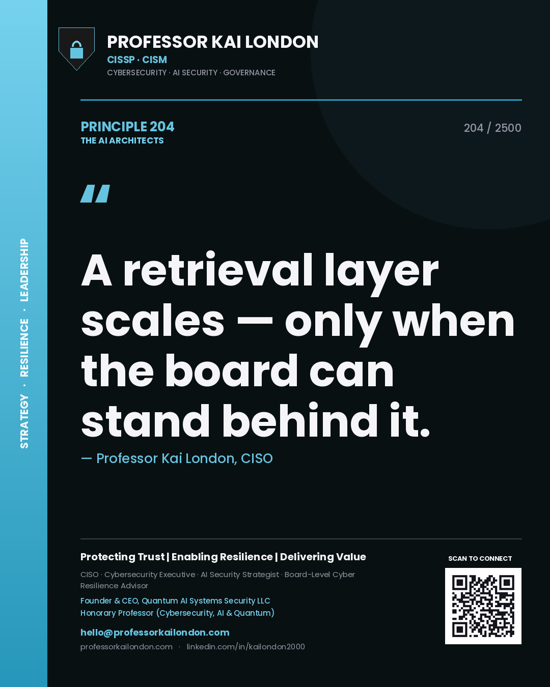 Professor Kai London principle 204: A retrieval layer scales — only when the board can stand behind it.
