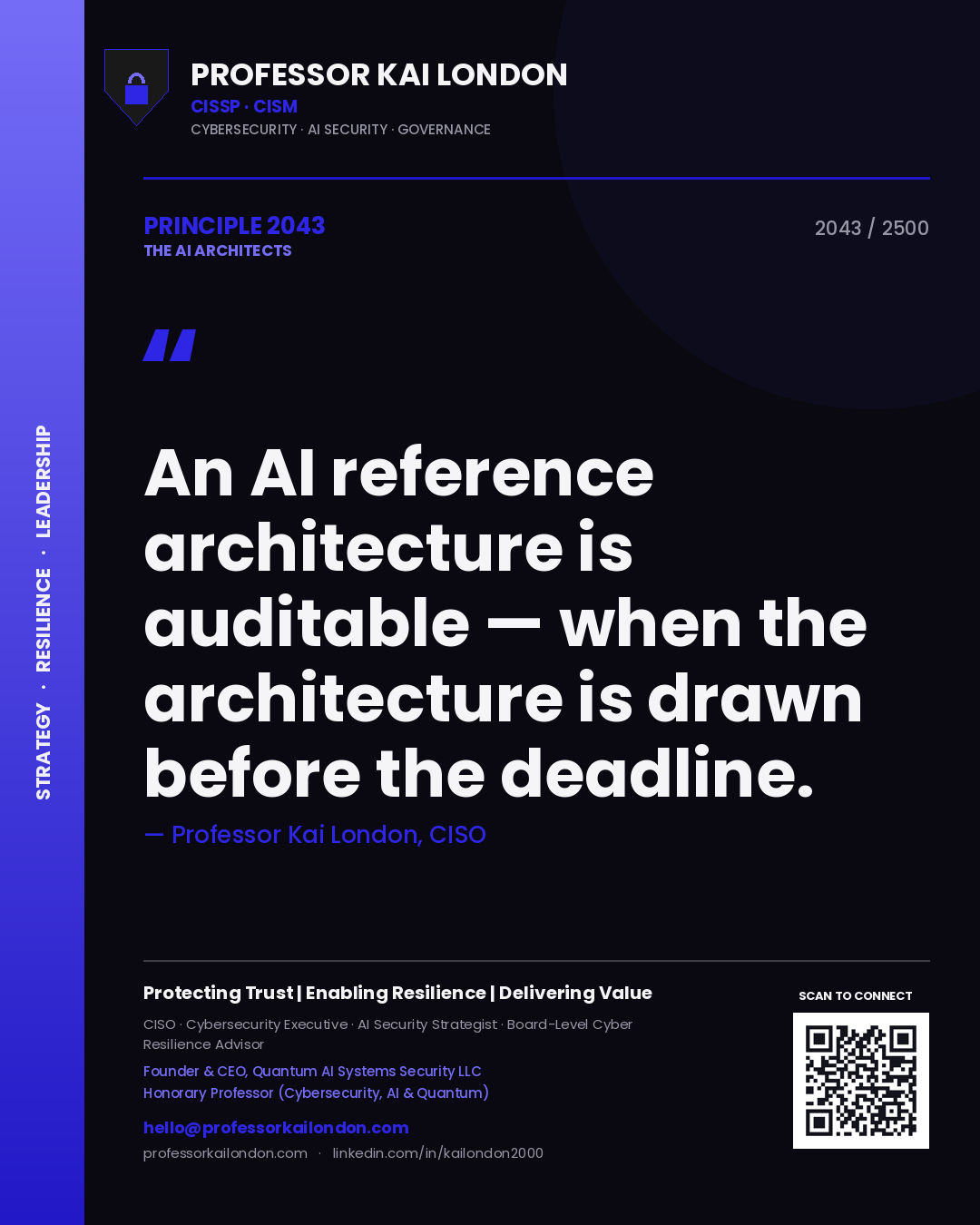 Professor Kai London principle 2043: An AI reference architecture is auditable — when the architecture is drawn before the deadline.