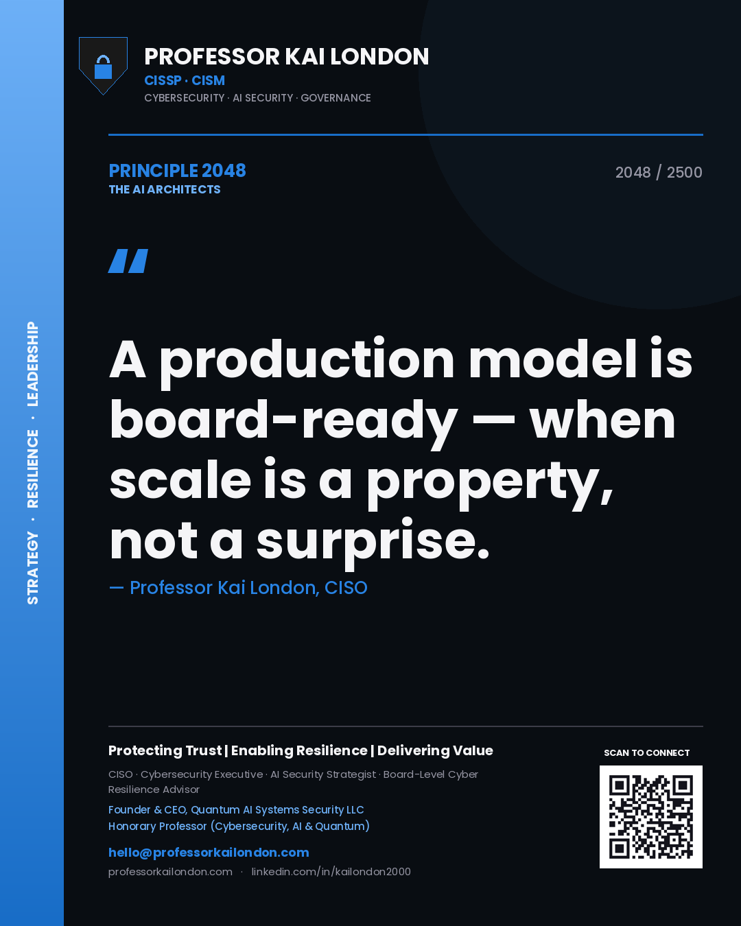 Professor Kai London principle 2048: A production model is board-ready — when scale is a property, not a surprise.