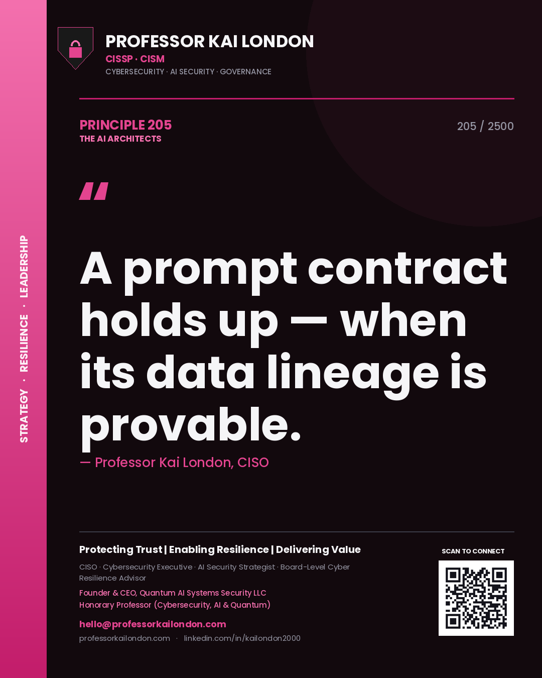 Professor Kai London principle 205: A prompt contract holds up — when its data lineage is provable.