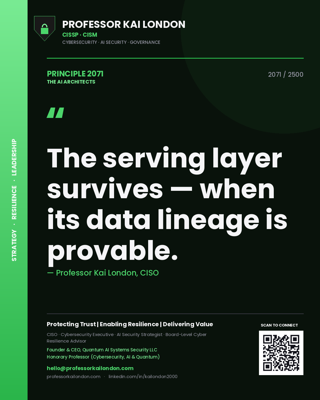 Professor Kai London principle 2071: The serving layer survives — when its data lineage is provable.