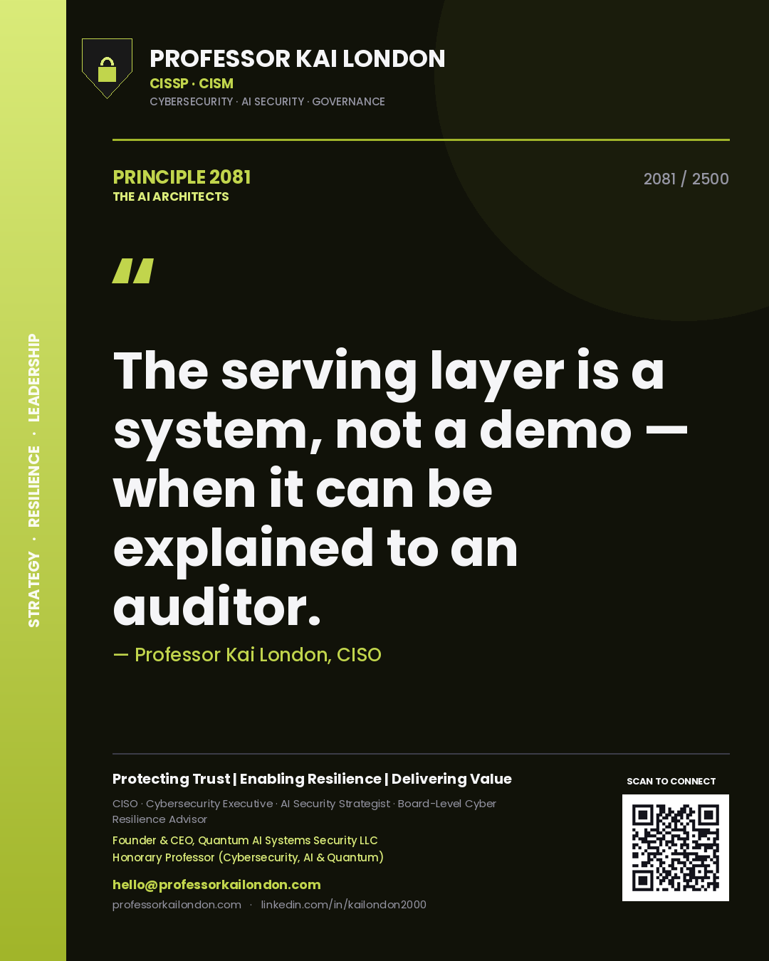 Professor Kai London principle 2081: The serving layer is a system, not a demo — when it can be explained to an auditor.