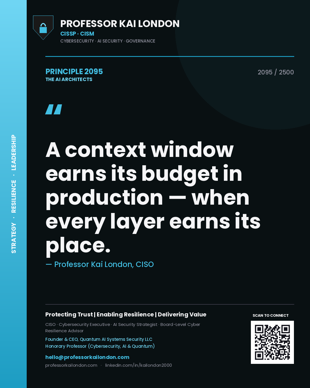 Professor Kai London principle 2095: A context window earns its budget in production — when every layer earns its place.