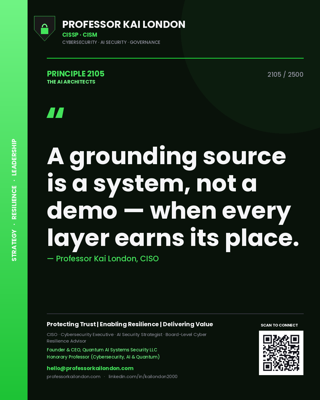 Professor Kai London principle 2105: A grounding source is a system, not a demo — when every layer earns its place.