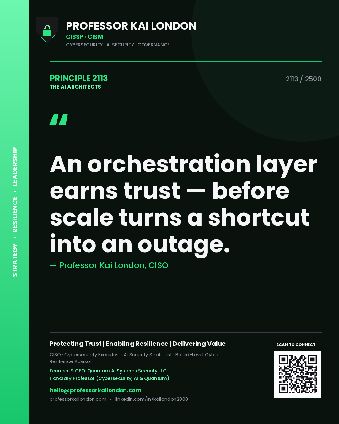 Professor Kai London principle 2113: An orchestration layer earns trust — before scale turns a shortcut into an outage.