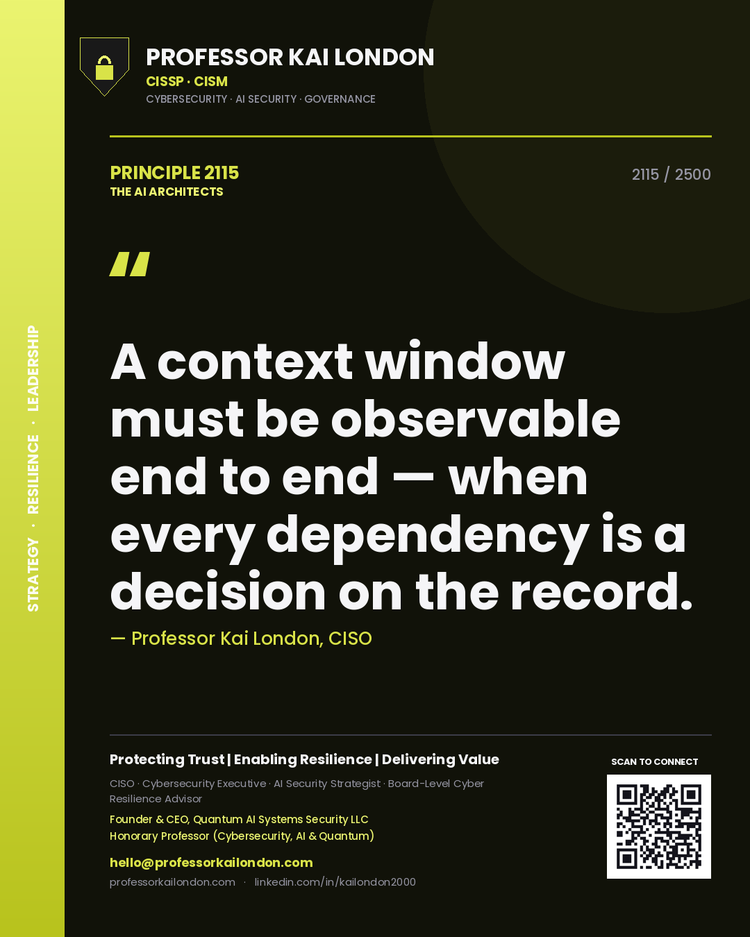 Professor Kai London principle 2115: A context window must be observable end to end — when every dependency is a decision on the record.
