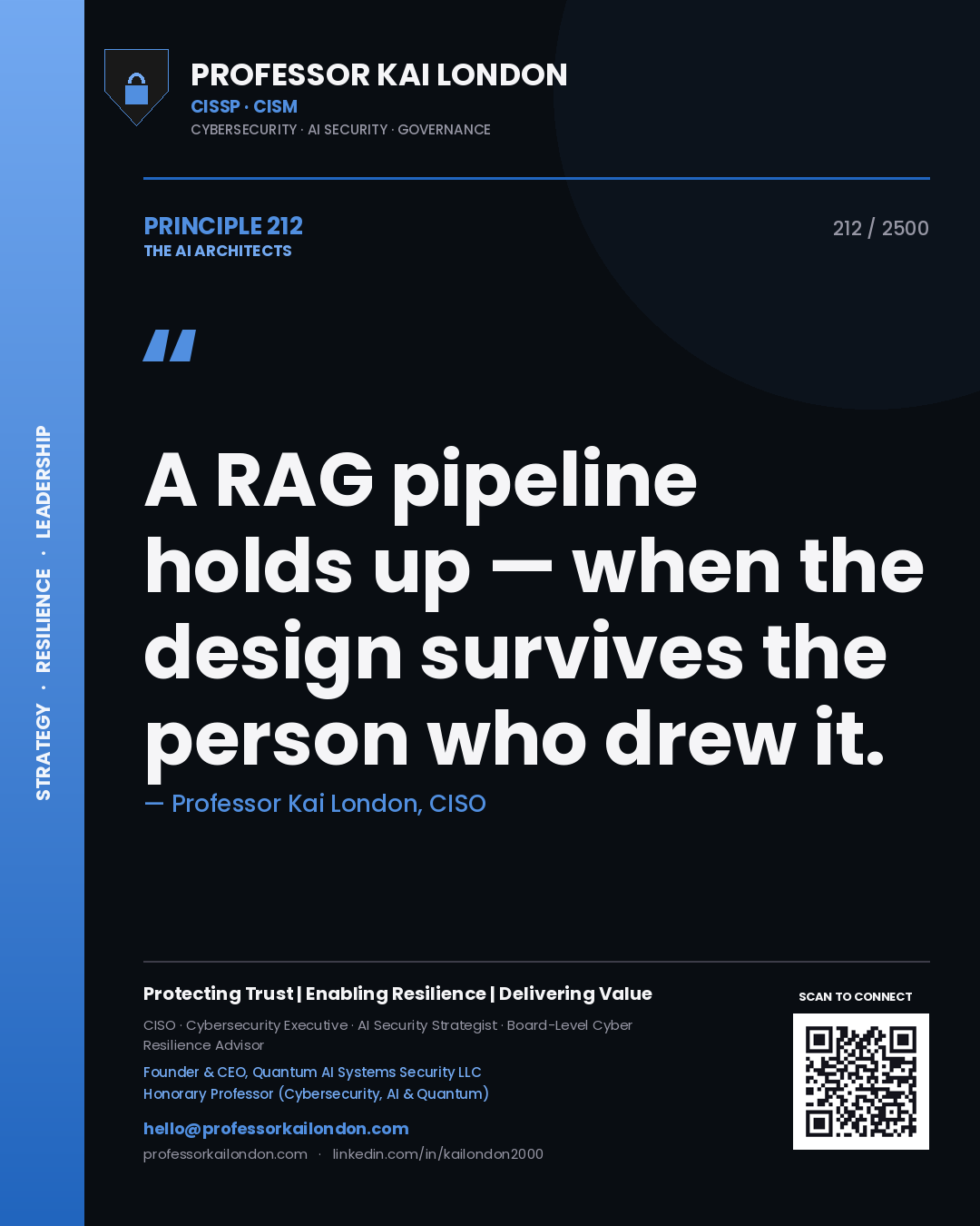 Professor Kai London principle 212: A RAG pipeline holds up — when the design survives the person who drew it.