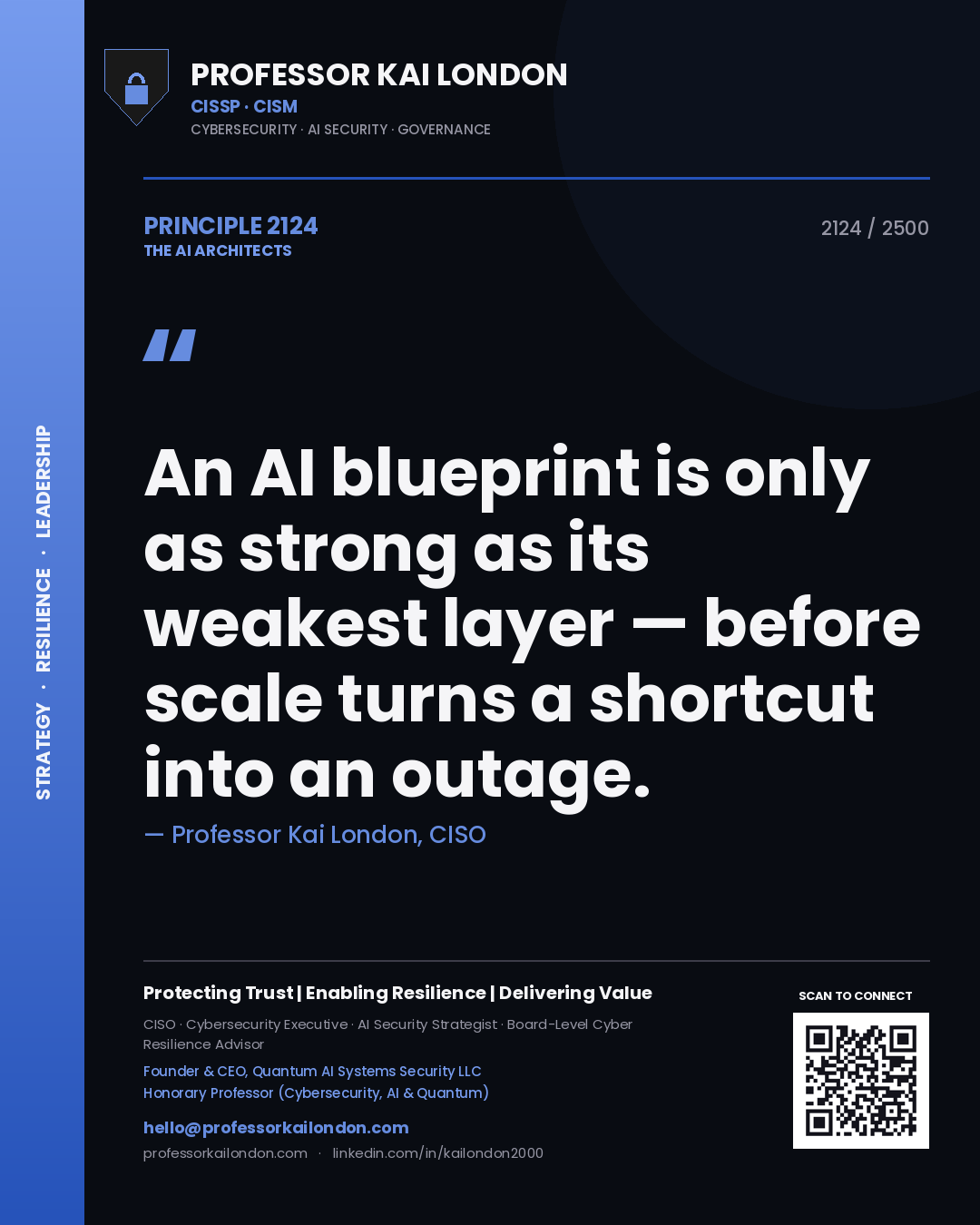 Professor Kai London principle 2124: An AI blueprint is only as strong as its weakest layer — before scale turns a shortcut into an outage.