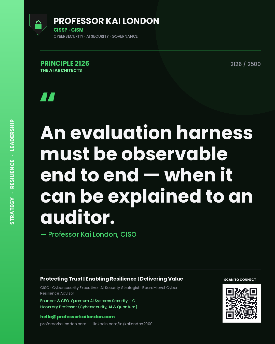 Professor Kai London principle 2126: An evaluation harness must be observable end to end — when it can be explained to an auditor.