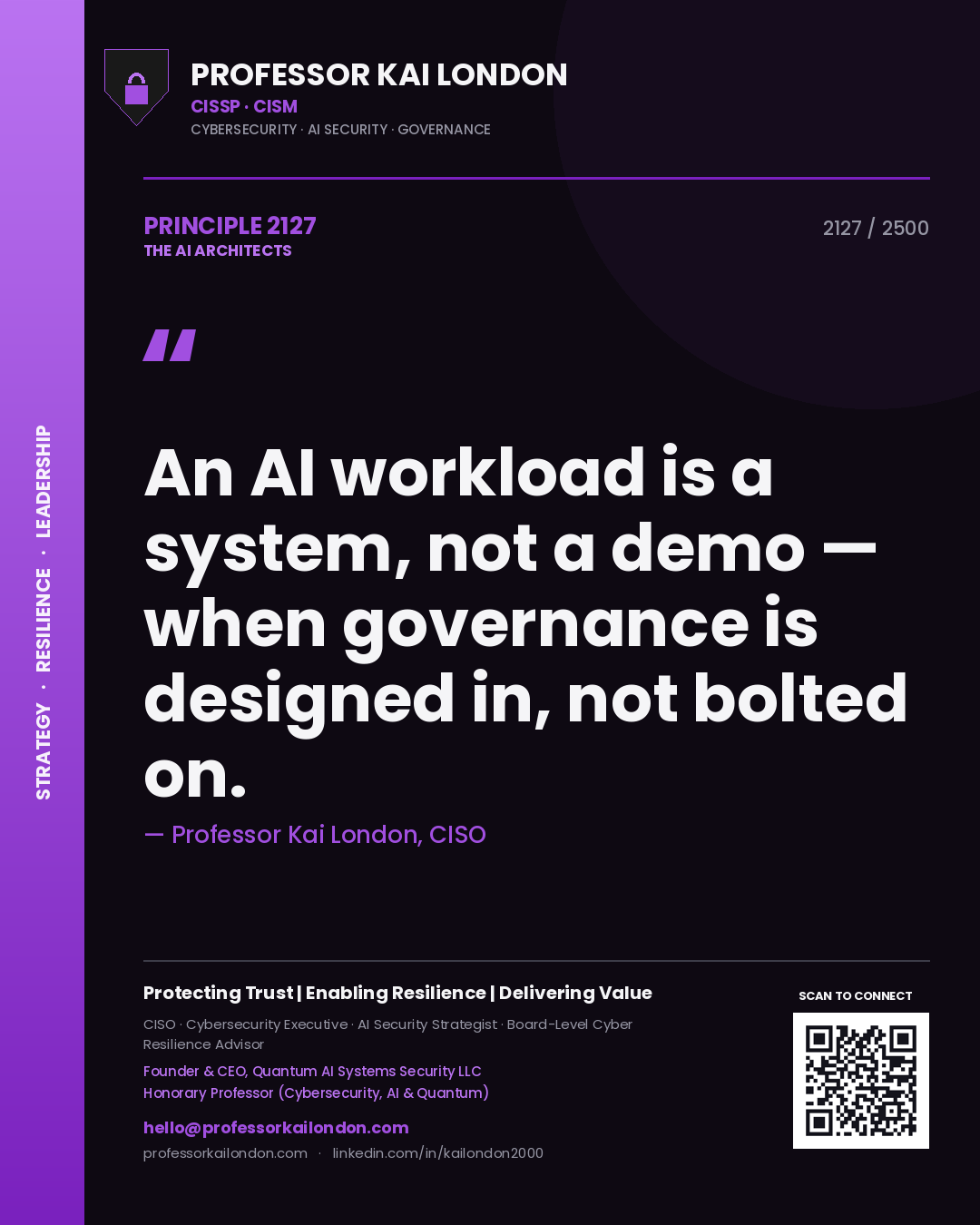 Professor Kai London principle 2127: An AI workload is a system, not a demo — when governance is designed in, not bolted on.