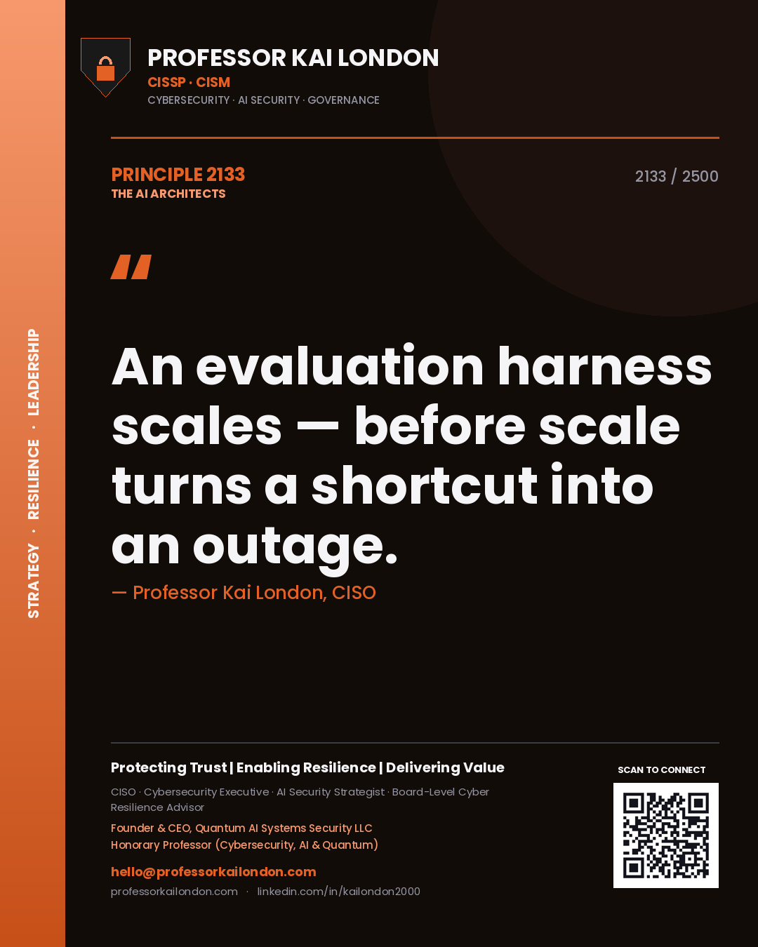 Professor Kai London principle 2133: An evaluation harness scales — before scale turns a shortcut into an outage.