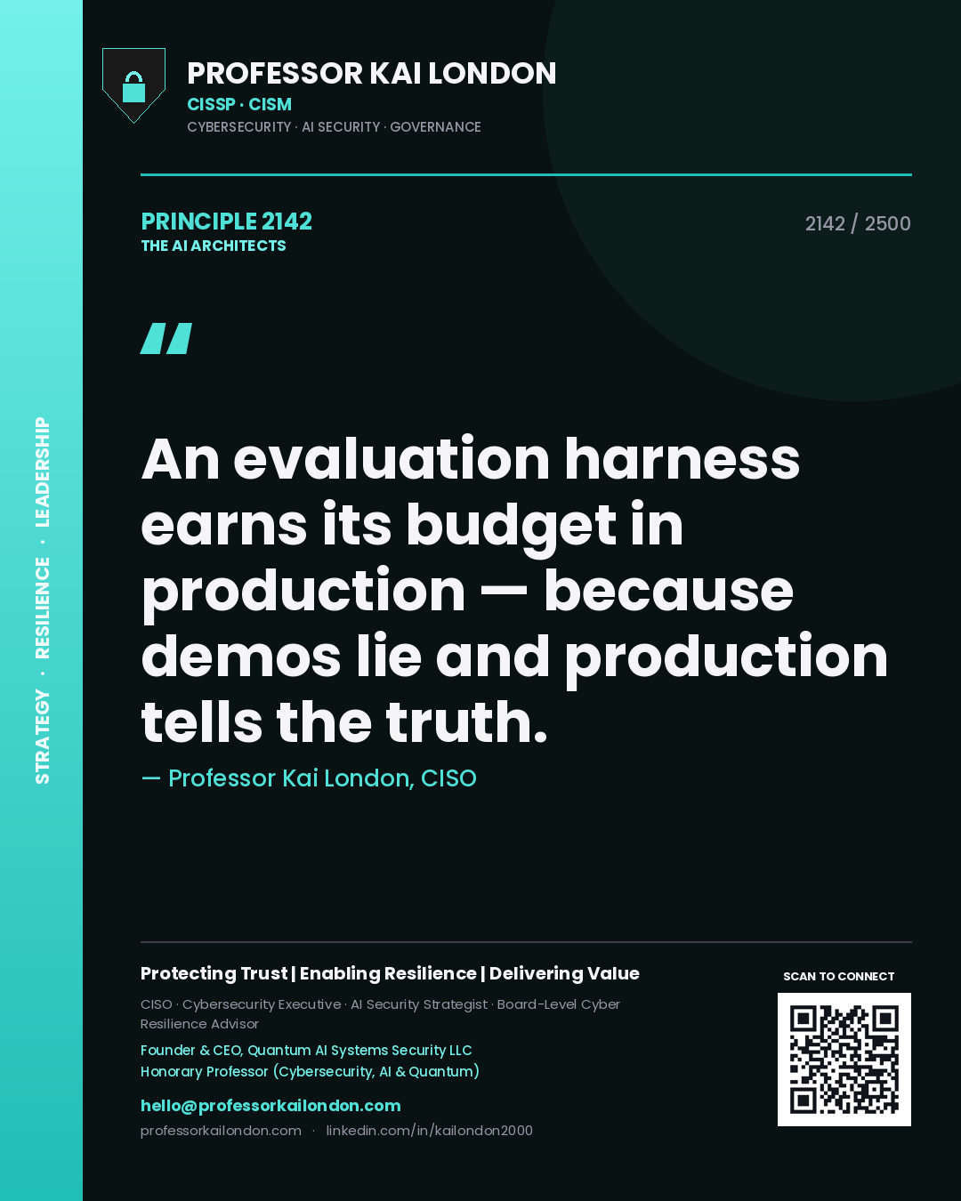 Professor Kai London principle 2142: An evaluation harness earns its budget in production — because demos lie and production tells the truth.