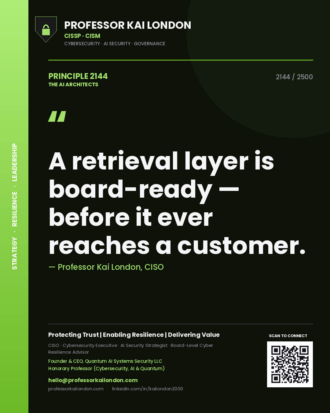 Professor Kai London principle 2144: A retrieval layer is board-ready — before it ever reaches a customer.