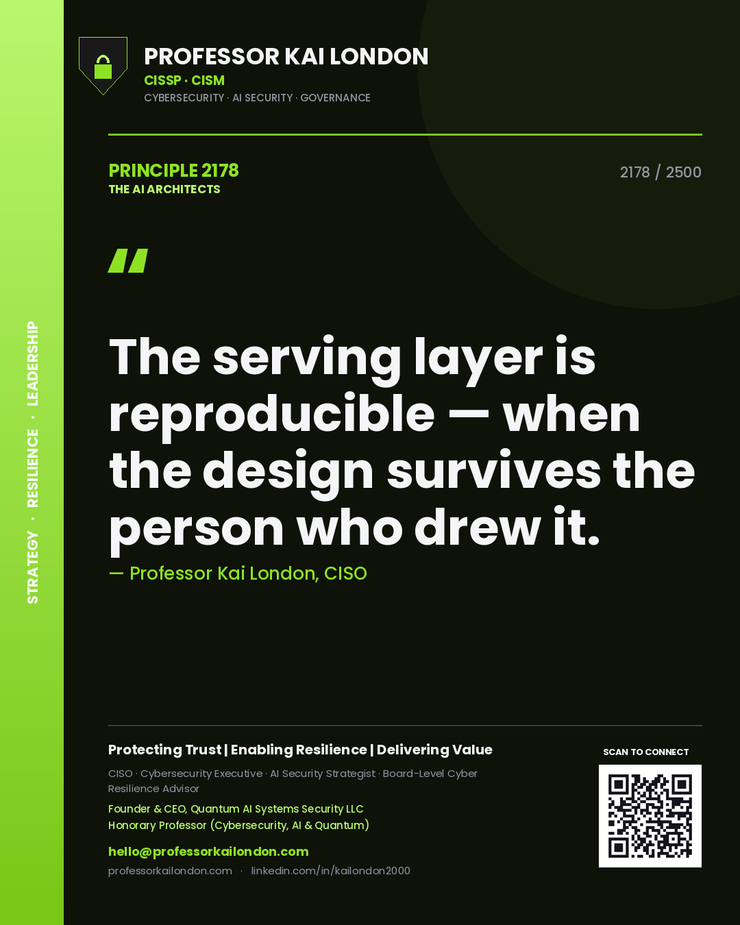 Professor Kai London principle 2178: The serving layer is reproducible — when the design survives the person who drew it.