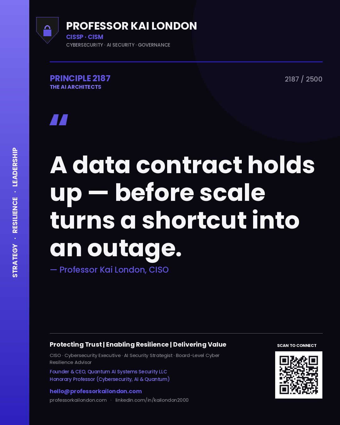 Professor Kai London principle 2187: A data contract holds up — before scale turns a shortcut into an outage.