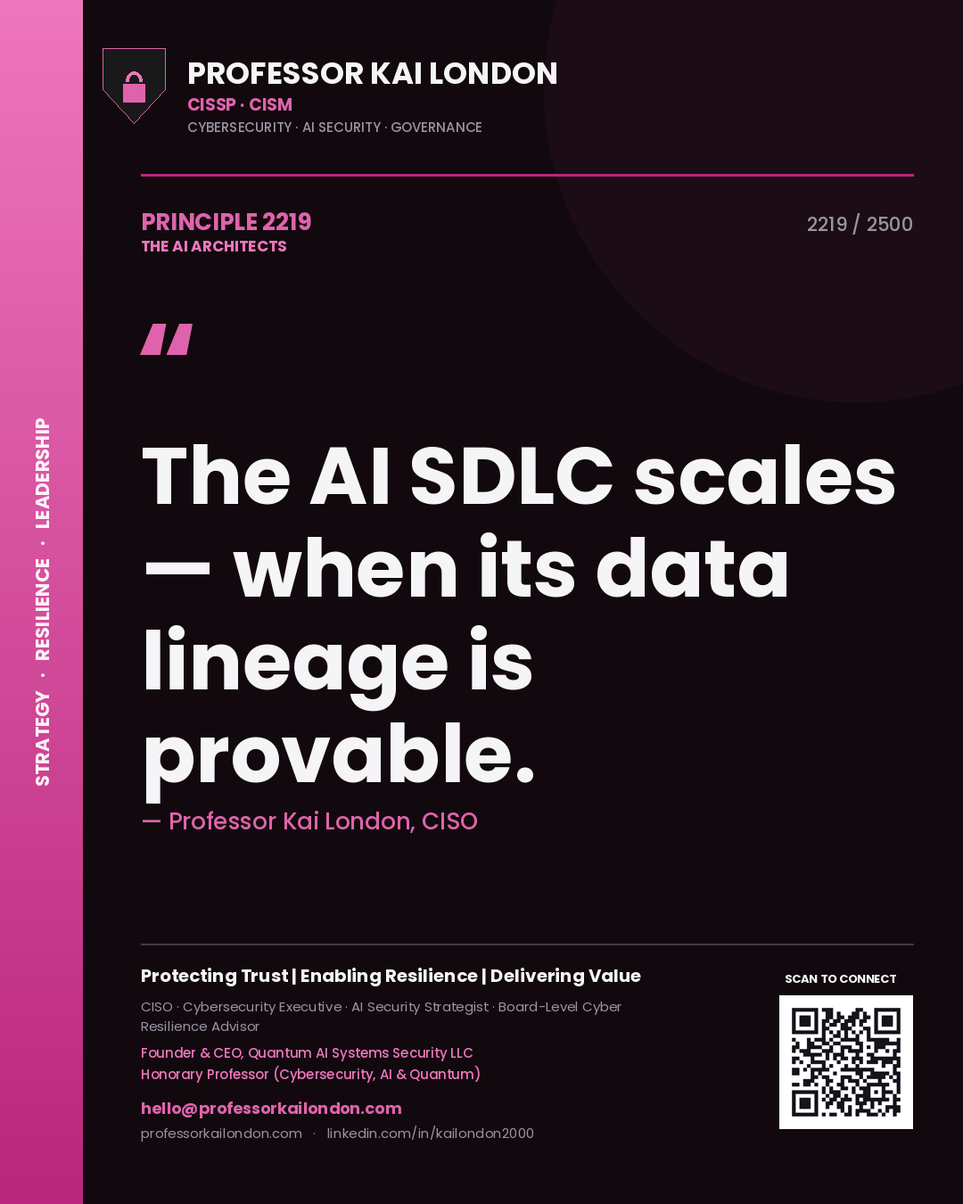Professor Kai London principle 2219: The AI SDLC scales — when its data lineage is provable.