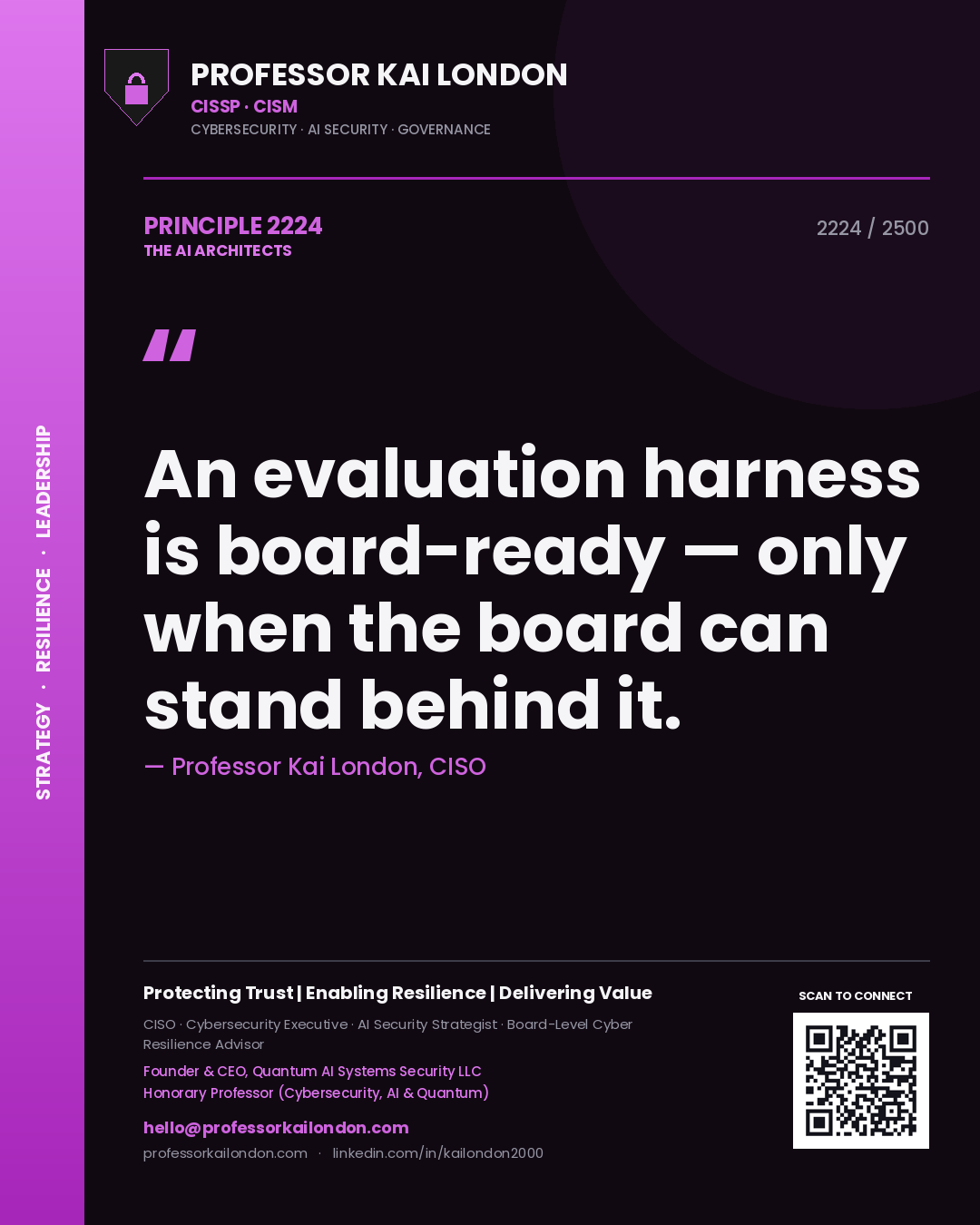 Professor Kai London principle 2224: An evaluation harness is board-ready — only when the board can stand behind it.