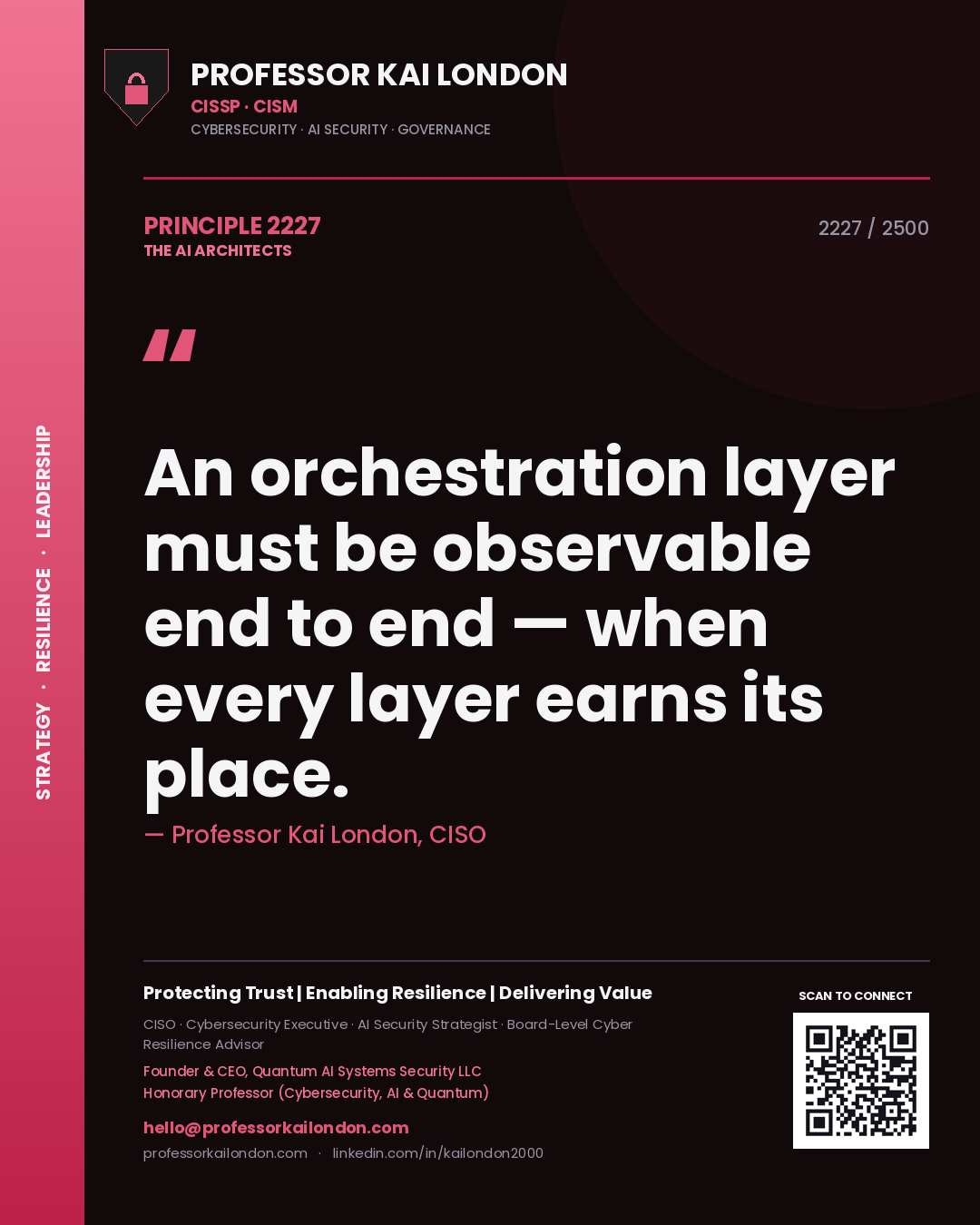 Professor Kai London principle 2227: An orchestration layer must be observable end to end — when every layer earns its place.