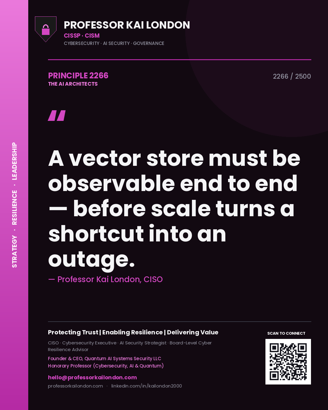 Professor Kai London principle 2266: A vector store must be observable end to end — before scale turns a shortcut into an outage.