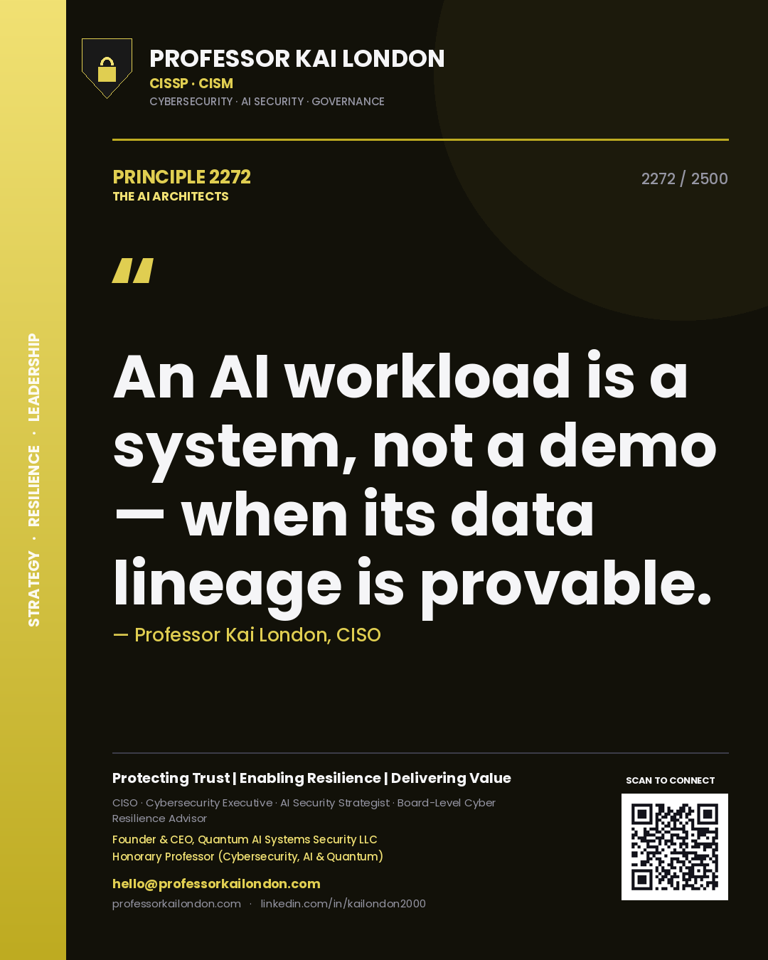 Professor Kai London principle 2272: An AI workload is a system, not a demo — when its data lineage is provable.