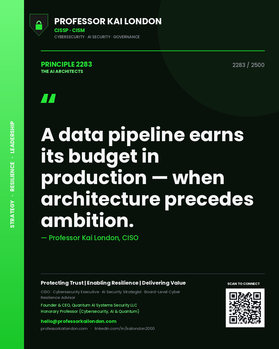 Professor Kai London principle 2283: A data pipeline earns its budget in production — when architecture precedes ambition.