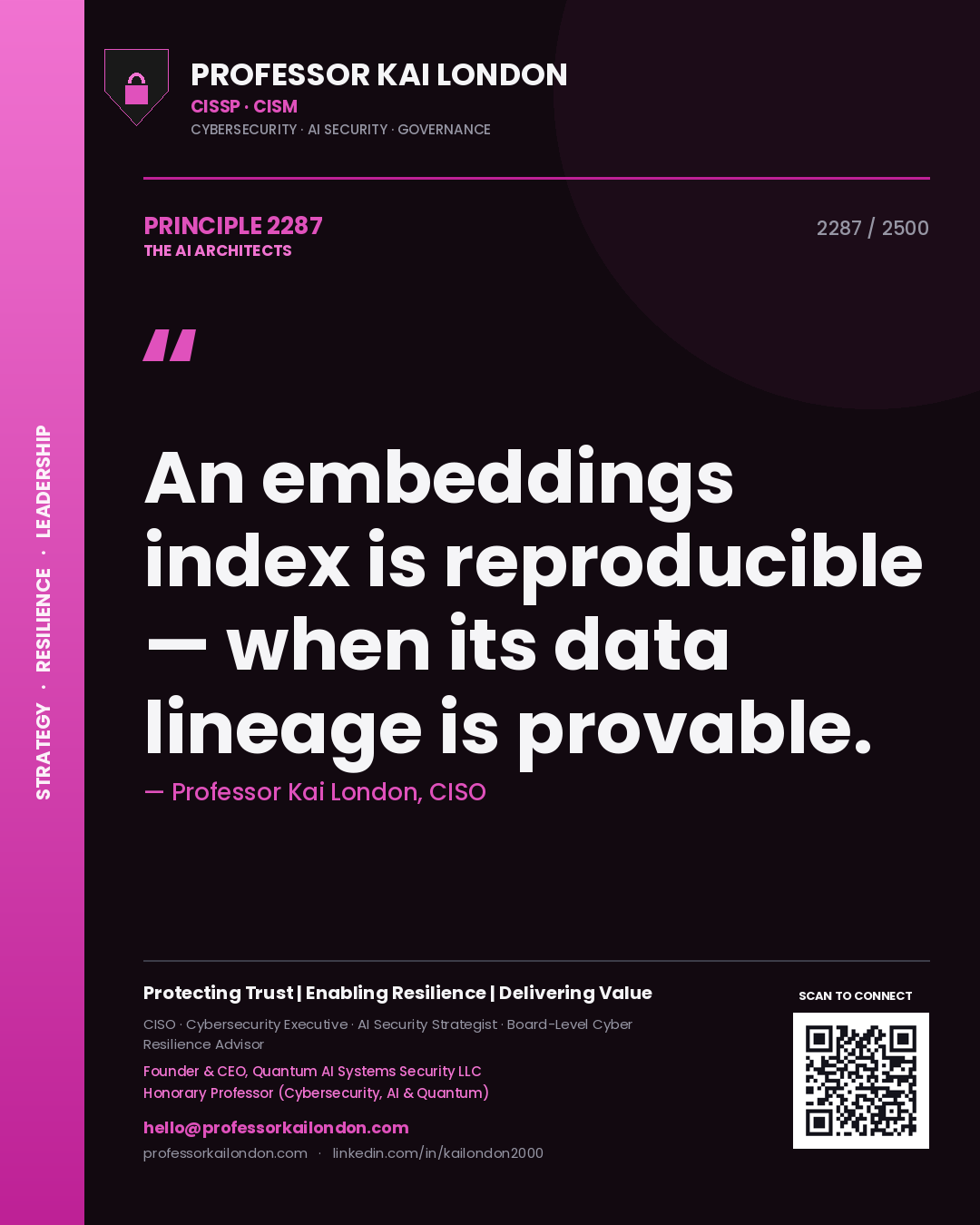 Professor Kai London principle 2287: An embeddings index is reproducible — when its data lineage is provable.