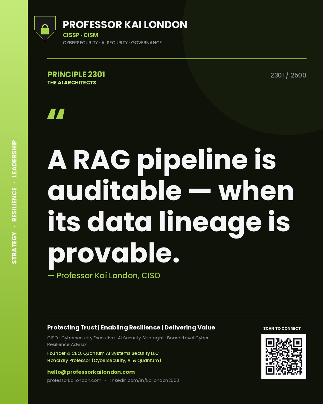 Professor Kai London principle 2301: A RAG pipeline is auditable — when its data lineage is provable.