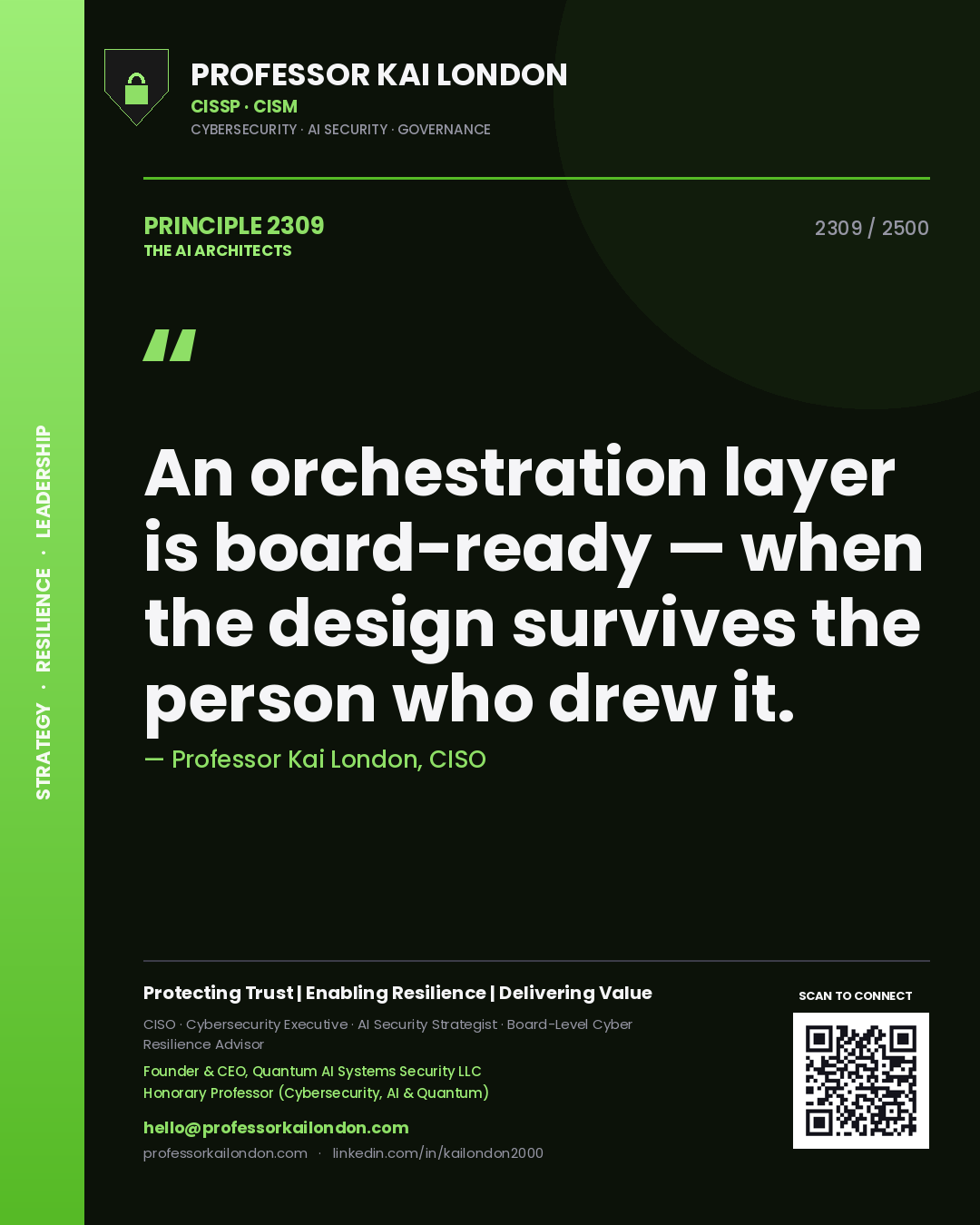 Professor Kai London principle 2309: An orchestration layer is board-ready — when the design survives the person who drew it.