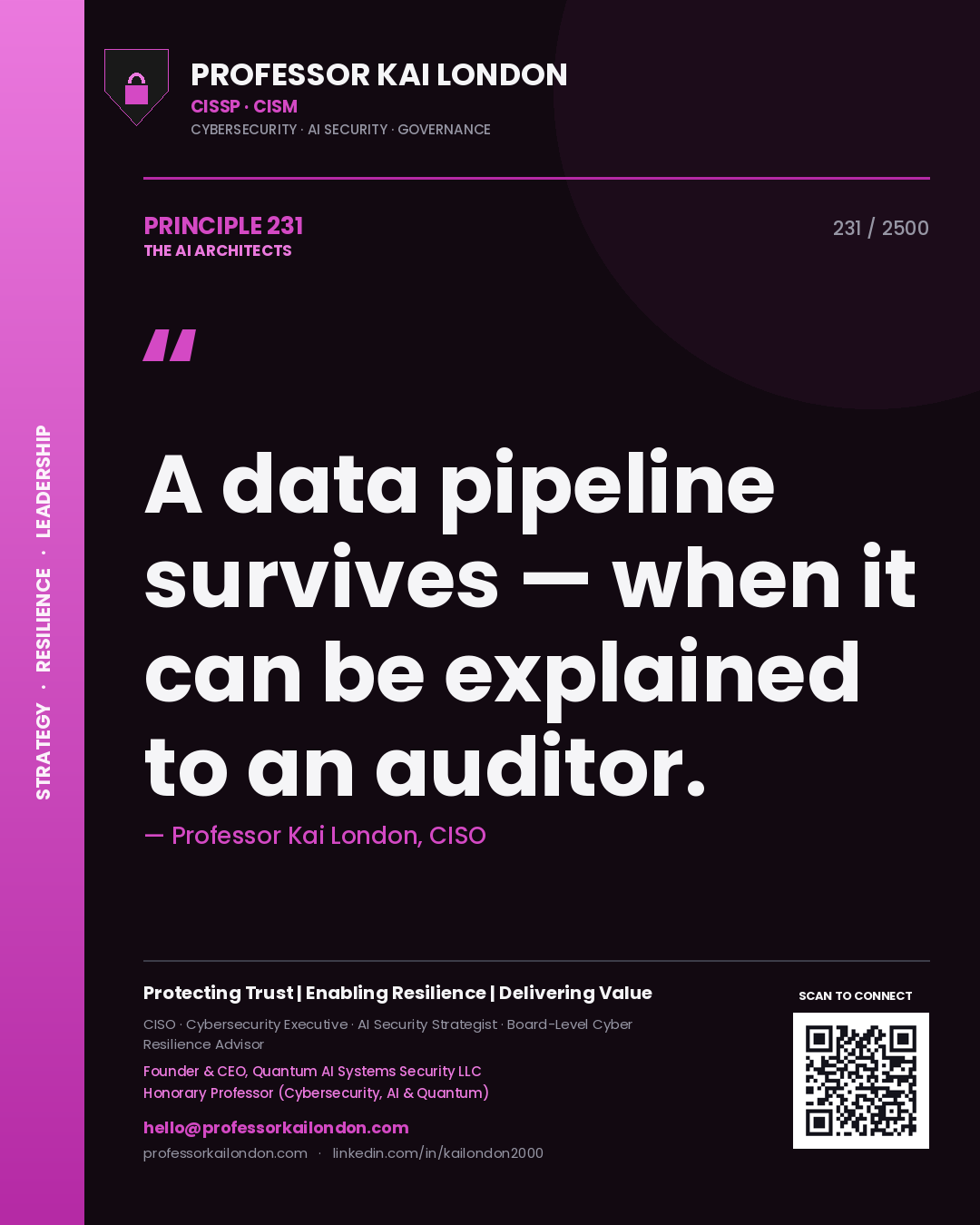 Professor Kai London principle 231: A data pipeline survives — when it can be explained to an auditor.