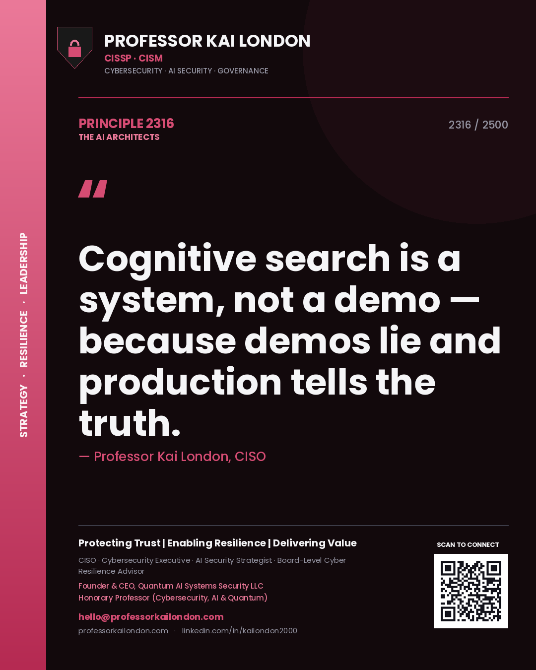 Professor Kai London principle 2316: Cognitive search is a system, not a demo — because demos lie and production tells the truth.