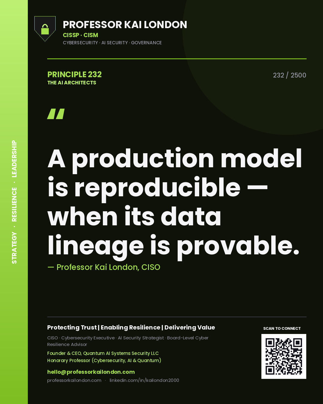 Professor Kai London principle 232: A production model is reproducible — when its data lineage is provable.