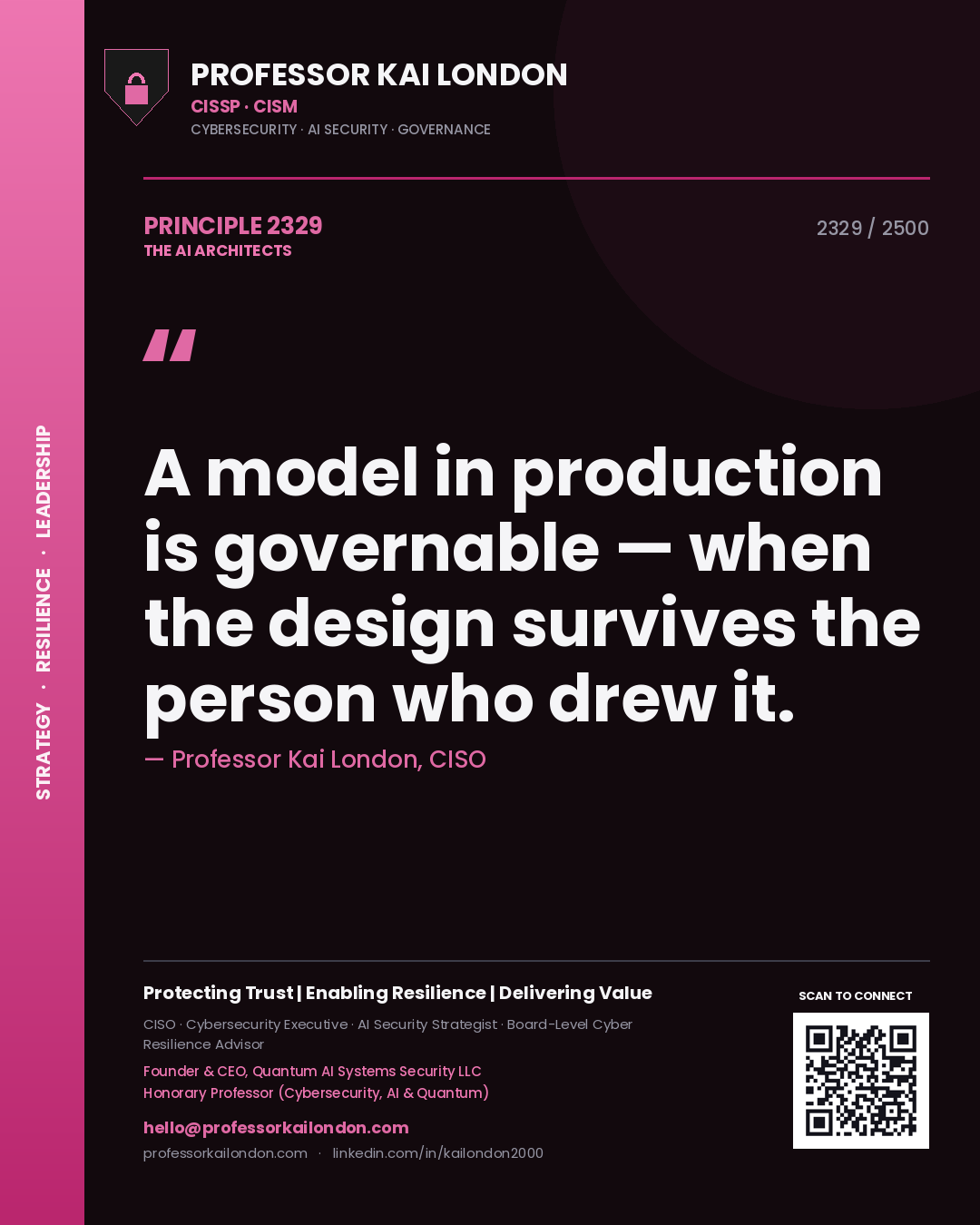 Professor Kai London principle 2329: A model in production is governable — when the design survives the person who drew it.