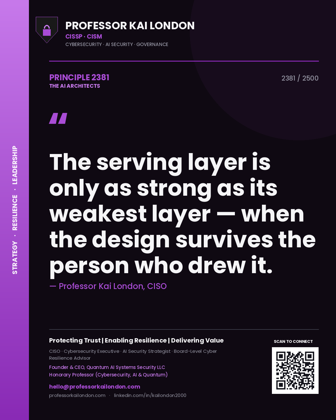 Professor Kai London principle 2381: The serving layer is only as strong as its weakest layer — when the design survives the person who drew it.